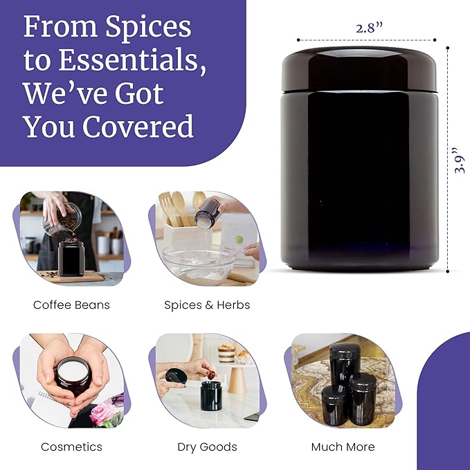Infinity Jars Tall Black Large Ultraviolet Glass Jar 250 ML (8.3 fl oz) Pack 5 Airtight Smell Proof Container,Refillable Jar For Long Term Storage Coffee,Spices,Dried Goods,Tea,Glass Jar For Kitchen
