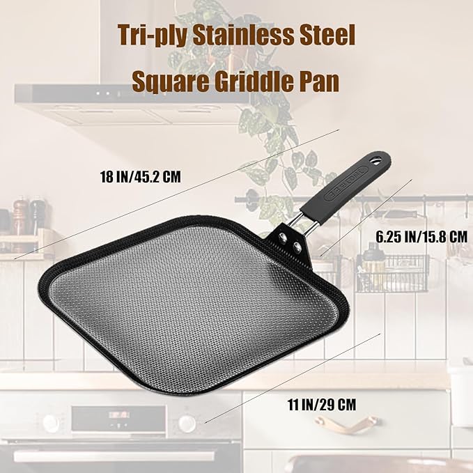 Inqibee 11 Inch Tri-ply Stainless Steel Square Griddle Pan,Hybrid Ceramic Nonstick Pancake Pan,Anti-scratch,Silicone Heat-resistant Black Handle,Dishwasher and Oven Safe
