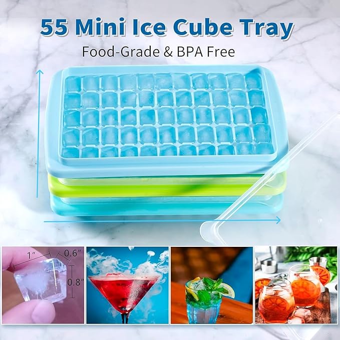 Ice Cube Trays 2 Pack with Lids and Bin for Freezer, Easy Release 55 Mini Nugget Ice Trays, Stackable Small Ice Cube Mold, Ice Maker Tray & Storage Box, Durable Plastic, BPA Free, Blue, ARTLEO