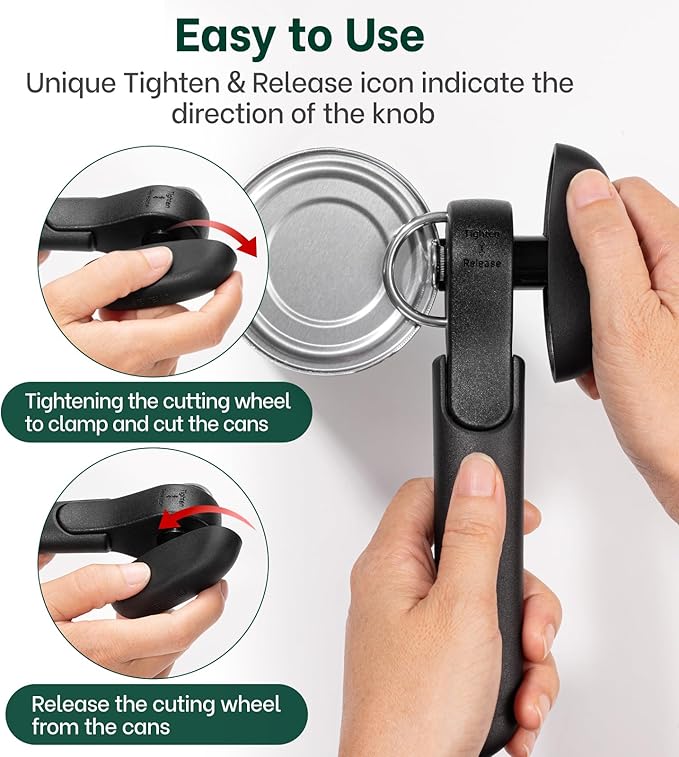 Beneno Can Opener, Safe Side Cut Can Opener Manual Smooth Edge with Smooth Cutting Wheel, Open Cans with no Sharp Edges, Effortless Easy to Turn Knob, Soft Non-Slip Handle, Black