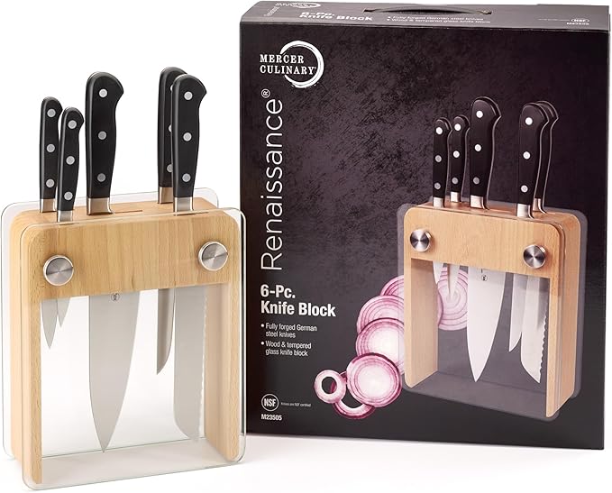 Mercer Culinary - M23505 Renaissance Forged Knife Block Set, 6-Piece, Wood Block with Tempered Glass