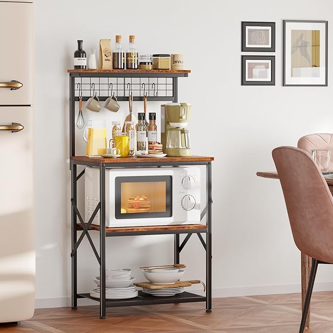 Furologee Kitchen Bakers Rack with Hutch, Coffee Bar Station 4 Tiers, Microwave Oven Stand with 6 S Hooks and Pegboard, Kitchen Microwave Rack for Spice Organizer Workstation, Rustic Brown