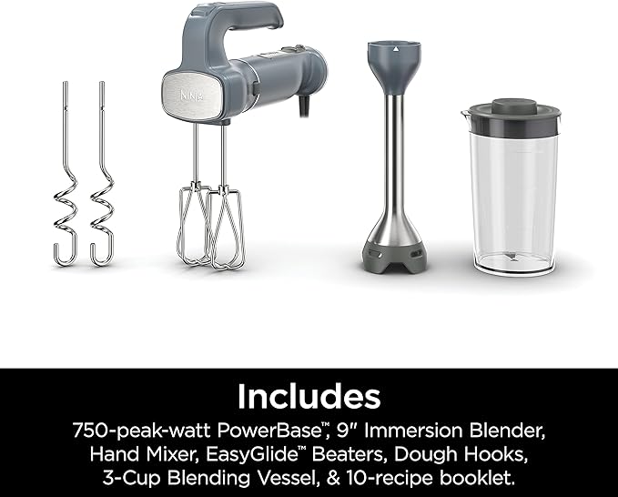 Ninja CI105BRN Foodi Power Mixer System, 750-Peak-Watt Immersion Blender and Hand Mixer, EasyGlide Beaters, Dough Hooks, 3-Cup Blending Vessel, Sea Salt Gray