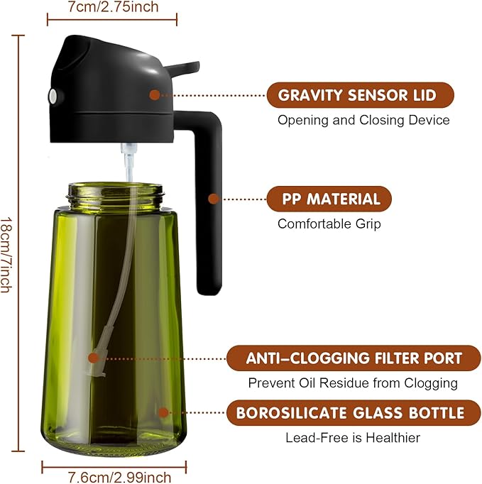 YARRAMATE 16oz/470ml Light-Blocking Dark Oil Sprayer for Cooking, 2 in 1 Olive Oil Dispenser Bottle for Kitchen, Premium Dark Green Glass Oil Bottle, Food-Grade Oil Mister for Air Fryer, BBQ (Black)