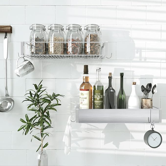 Bathroom Adhesive Shower Caddy Basket Shelf with Hooks, No Drilling Removable Bathroom Shelf Organizer,Stainless Steel Rustproof Shower Rack for Shampoo Storage, Sponge Holder-Silver