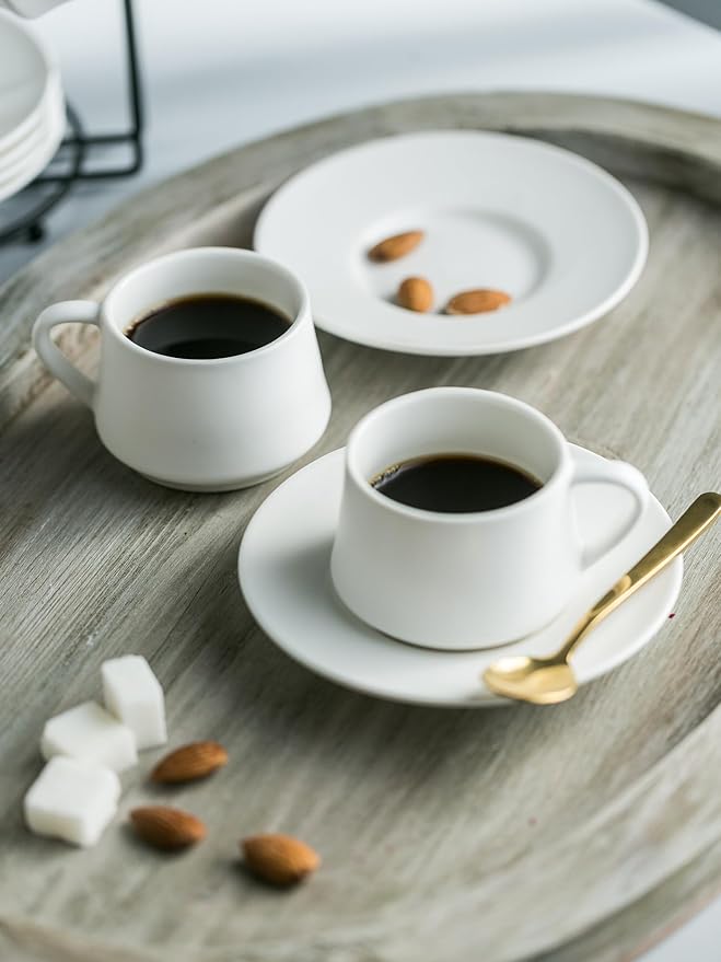 YHOSSEUN Espresso Cups Set with Saucers and Metal Stand Coffee Cup Set of 6 4 oz Cappuccino Cups Teacup for Tea Party - White