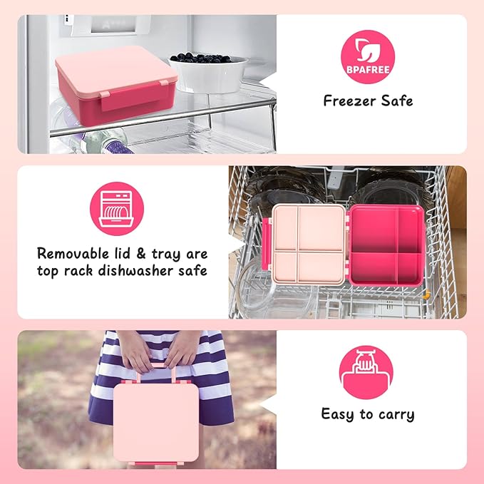Bento Lunch Box with 8oz Soup Thermo, Leak-Proof Lunch Containers with 4 Compartment, Thermo Hot Food Jar and Insulated Lunch Box for School Pink