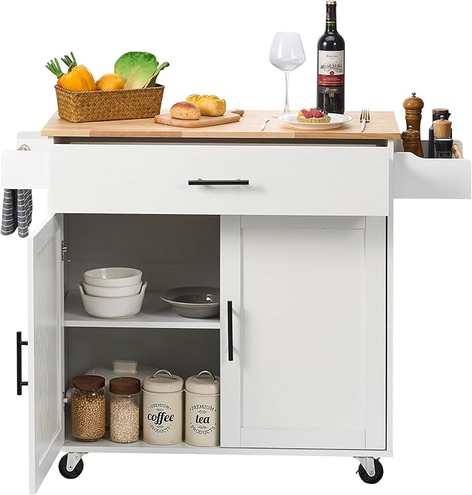 VEVOR Kitchen Island Cart with Solid Wood Top, 35.4" Width Mobile Carts with Storage Cabinet, Rolling Kitchen Table with Spice Rack, Towel Rack, Drop Leaf and Drawer, Portable Islands on Wheels, White