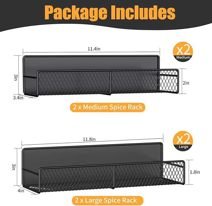 Magnetic Spice Rack for Refrigerator, 4 Pack 100% Metal Strong Magnet Fridge Shelves, Space Saving Spice Organizer, No Drilling Moveable Home Kitchen Laundry Room Storage Organization, Black