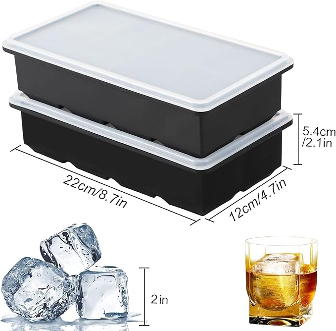 LessMo Ice Cube Tray with Lid - 2 Pack Large Silicone Ice Tray Molds for Freezer, BPA Free, Big Square Ice Cube for Whiskey, Cocktails, Baby Food, Juices