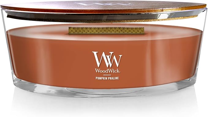 WoodWick Pumpkin Praline Holiday Candle Gifts for Women and Men, 16 oz Ellipse Candle with Crackling Wick