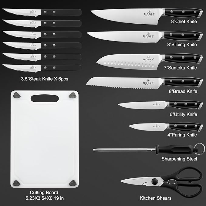 Knife Set with Block, N NOBLE FAMILY 16Pcs Kitchen Knives Drawer Organizer Set with Sharpener, Cutting Board, Anti-Slip Chef Knives Set with 6Pcs Steak Knives, Black