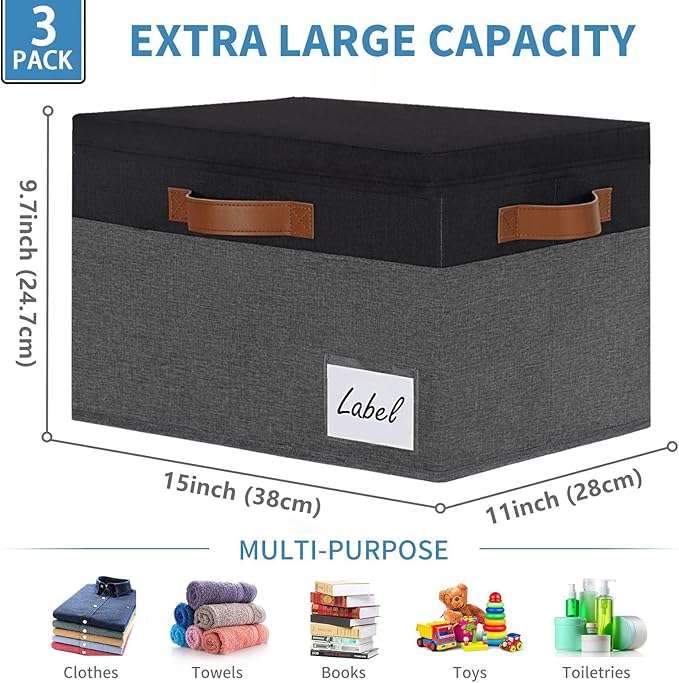 GhvyenntteS Fabric Storage Bins with Lids 3 Pack, Closet Storage Boxes with Lid and 3 Handles, Foldable Storage Baskets with Lids and Label Window for Home Office (Grey&Black, 15" x 11" x 9.7")