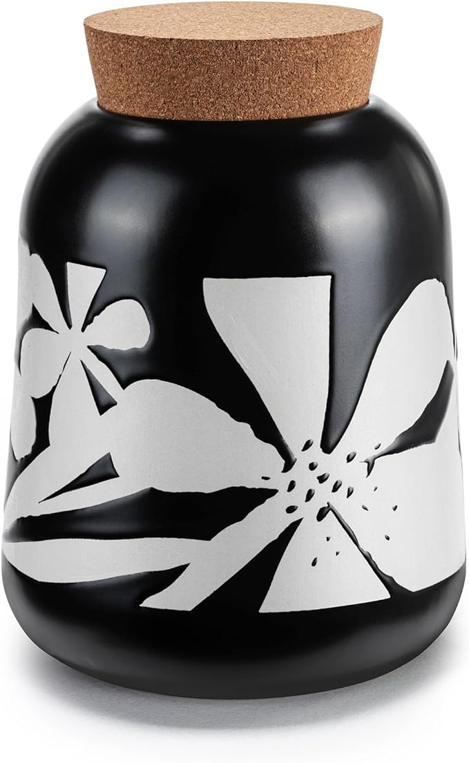 DEMDACO Bold Floral Medium Cork Lid Trendy Storage Black 4.5 x 6.5 Stoneware Canister Container