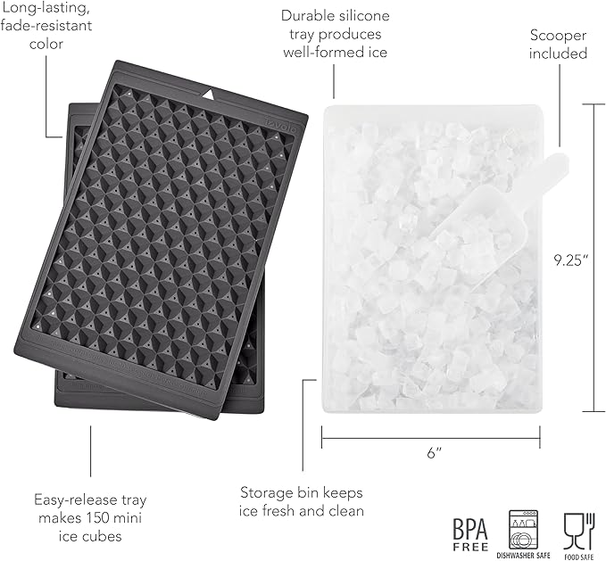 Tovolo Mini Ice Cube Tray Set with Twist and Release Mini Nugget Ice Cube Trays, BPA Free Silicone Mini Ice Tray with Storage Bin and Mini Scoop, Stackable Dishwasher Safe Mini Ice Cube Trays