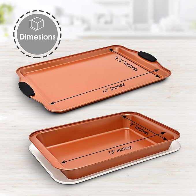 Perlli Baking Sheet 4 Piece Set Nonstick Copper Carbon Steel Oven Bakeware Kitchen Set with Silicone Grips, Includes 2x 9x13" Cookie Sheets, 9x13" Baking Pan with Plastic Lid