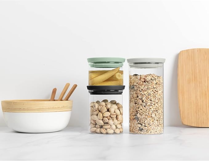 Brabantia 3pc Stackable Glass Food Jars (Mixed Colors) 0.08 + 0.16 + 0.3 Gal Heat-Safe, Dishwasher-Safe, Air-Tight Pantry Organizers