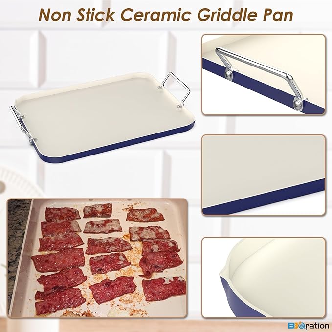 17.7" x 13" Griddle Pan for Gas Grill and Ovens, Stainless Steel Handles, Non Stick Ceramic Griddle Pan Griddle Skillet, PTFE Free PFOA Free, Blue