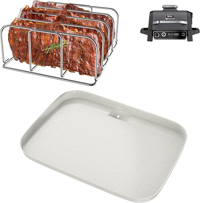Griddle Pan & Rib Rack for Ninja Woodfire OG751/OG700 Series Grill, Non-Stick Upgraded Ceramic Cooking Flat Top Griddle Plate for Ninja XSKGRDPLT Woodfire Accessories, with 4 Full Racks Holder of Ribs