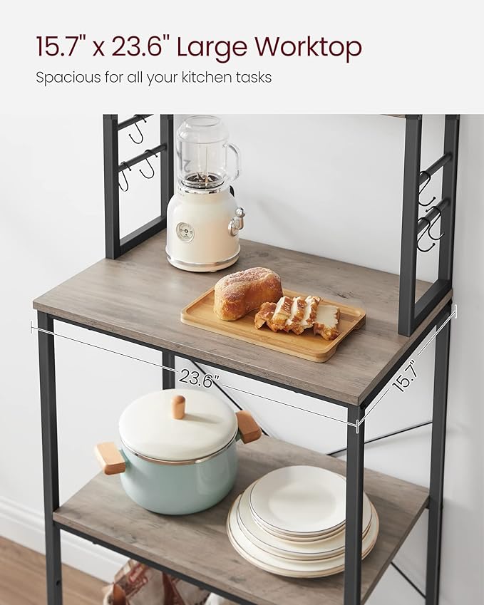 VASAGLE Coffee Bar, Baker’s Rack for Kitchen with Storage, 6-Tier Kitchen Shelves with 6 Hooks, Microwave Stand, Industrial, 15.7 x 23.6 x 65.7 Inches, Greige and Black UKKS024B02