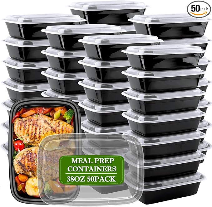 Meal Prep Containers Reusable 38oz - Food Prep Containers with Lids 50 Pack, Disposable To Go Food Containers, Leakproof, Stackable, Takeout, BPA-Free, Microwave/Freezer Safe