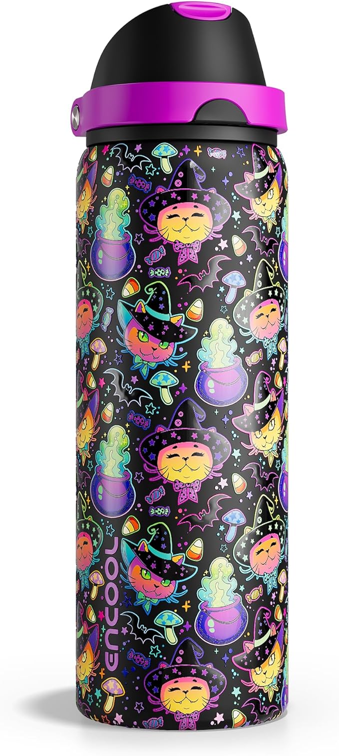 ENCOOL Halloween Insulated Water Bottle with Straw - Stainless Steel Water Bottle with Push Button Lid, Leak-Proof BPA-Free, Keeps Cold for 24 Hours for Halloween gifts, Party (32 oz, Meowgic Night)