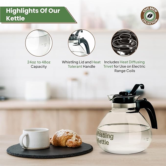 Borosilicate Glass Stove Top Whistling Tea Kettle - 12 Cup/48oz Capacity - BPA-Free - German Made Glass Kettle for Gas, Electric, and Glass Ranges