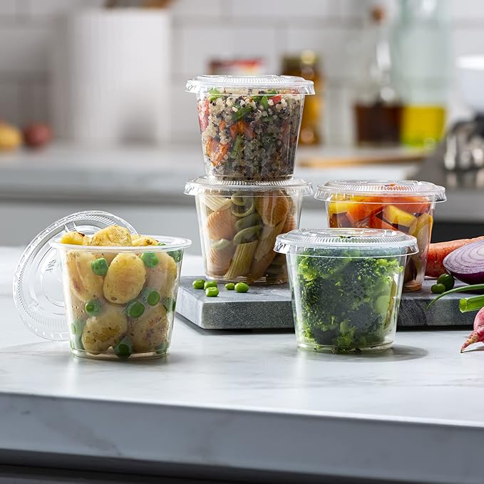5 oz - 100 Sets Clear Diposable Plastic Portion Cups With Lids, Small Mini Containers For Portion Controll, Meal Prep, Sauce Cups, Slime, Medicine, Dressings, Crafts, Disposable Souffle Cups