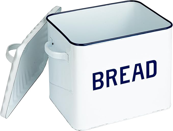 Creative Co-Op Chic Farmhouse Enameled Bread Box with Lid, "Bread" Message, White and Navy