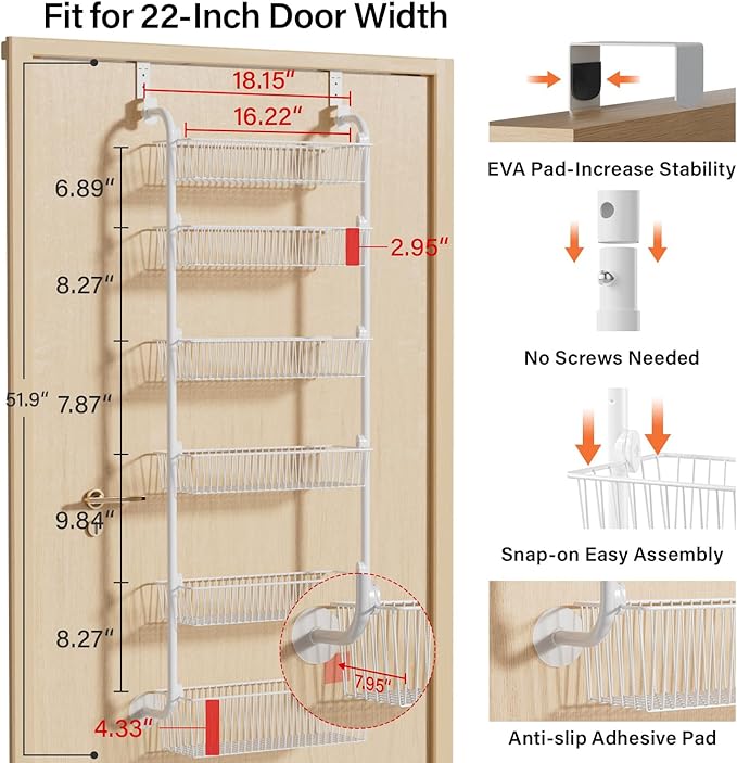 Delamu Large Over the Door Pantry Organizer, 6-Tier Metal Pantry Door Organization and Storage for Easy Install, Hanging Spice Rack Seasoning Shelves for Cabinet & Kitchen, D6.7xW17.5xH53.7 in, White