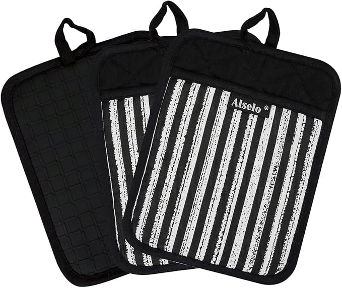 Silicone Pot Holders Set of 3 Heat Resistant & Non Slip Potholders, Professional Oven Hot Pads with Pockets Mitts for Kitchen Cooking Baking Barbecue (3, Black)