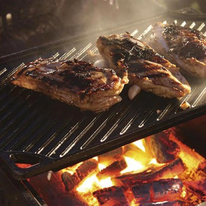 Lodge LDP3 Reversible Grill/Griddle, 9.5-inch x 16.75-inch & LGP3 Rectangular Cast Iron Grill Press, Pre-Seasoned, 6.75-inch x 4.5-inch