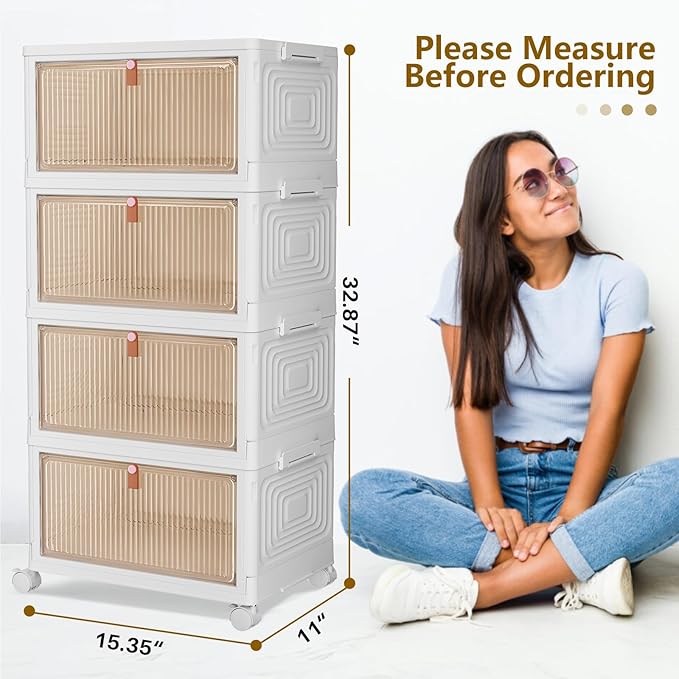 CTSNSLH 36Qt Plastic Storage Bins Organizer - 4 Tier Stackable Bins with Lids, Ideal for Bedroom, Living Room, Study, Office - Folding Storage Boxes, White