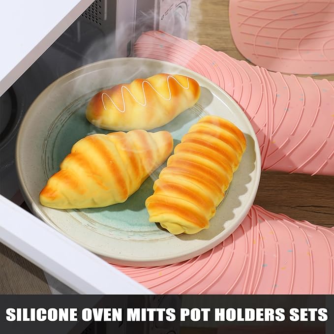 4 Pieces Oven Mitts of Macaron Color Thickened Non-Slip Silicone Kitchen Gloves, Heat Resistant up to 750F, Essential for Kitchen Baking (Pink)