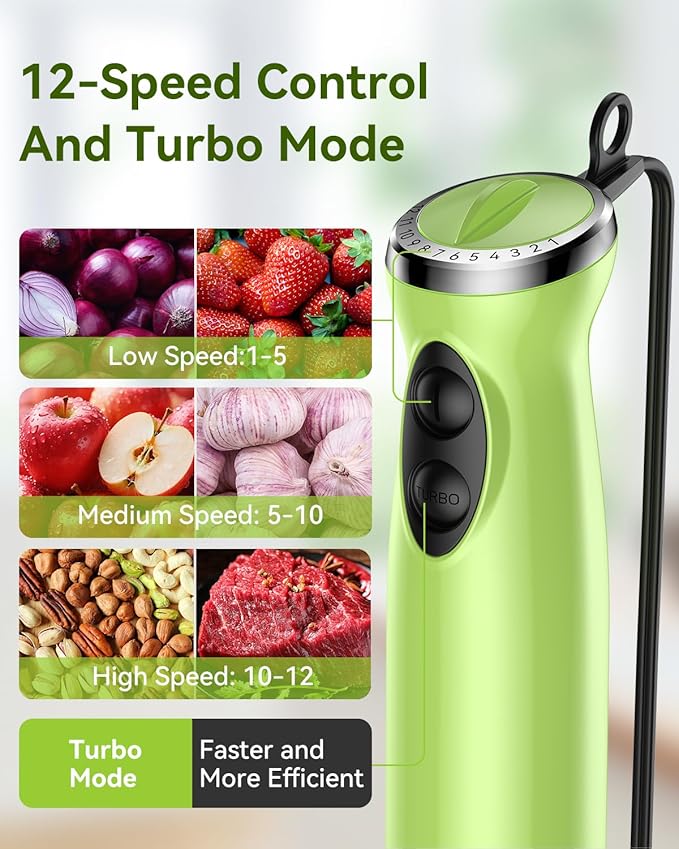 Immersion Blender Handheld 5 in 1 Hand Blender, 1000W Hand Mixer Stick, BPA-Free 12 Speed Handheld Blender with Mixing Beaker, Chopper, Whisk and Milk Frother for Soup, Smoothies, Sauce, Baby Food