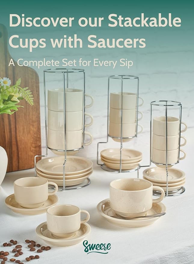 Sweese 8oz Porcelain Cappuccino Cups Set with Saucers, Metal Stand - Stackable, Durable for Coffee, Latte, Tea - Beige, 4 Pack