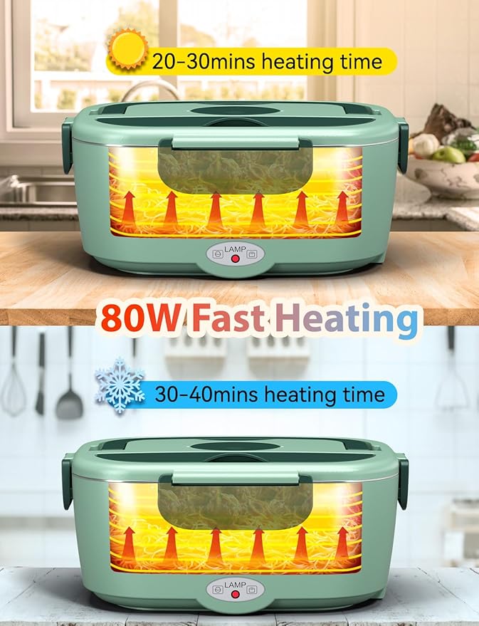 Heated Lunch Box for Men&Women - 80W Electric Lunch Box for Adults with Dual 1.5L 304 Stainless Steel Containers Fast Heating Portable Food Warmer for Car&Truck lonchera eléctrica portátil