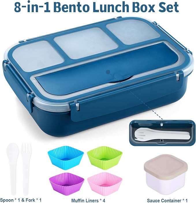 Bento Box Adult Lunch Box, Kids Lunch Containers for School with 4 Compartments, with Utensils, Sauce Jar, Muffin Liners, Microwave Safe, Navy
