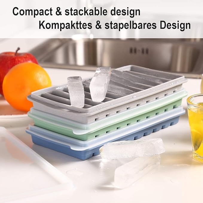 LessMo 3 PCS Ice Cube Tray, Long Ice Stick Tray Silicone with Lid, Rectangular Narrow Stick, Reusable, Flexible, Easy Release, for Small Mouth Sport Bottles, Juice Bottles, Cocktail Parties