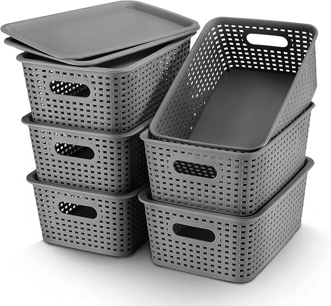 AREYZIN Plastic Storage Baskets Bins With Lid Organizing Container Lidded Knit Storage Organizer Bins for Shelves Drawers Desktop Closet Playroom Classroom Office, 6 Pack