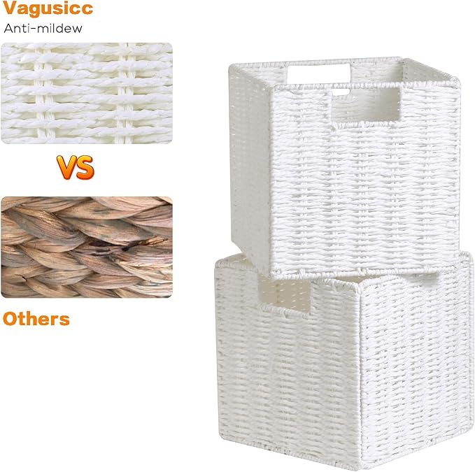 Vagusicc Wicker Storage Basket, Set of 2 Hand-Woven Storage Baskets for Organizing, White Foldable Cube Storage Bins Organizer, 9 x 9 Inch Square Wicker Storage Baskets for Shelves Pantry Decor