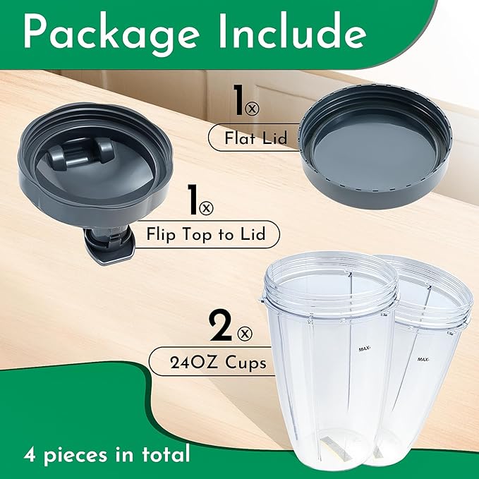 Blender Cups Replacement for Nutribullet 24oz Cups with Flip Top Lid and Flat Lid Compatible with Nutri Bullet 600W/900W Blenders (2 Pack)