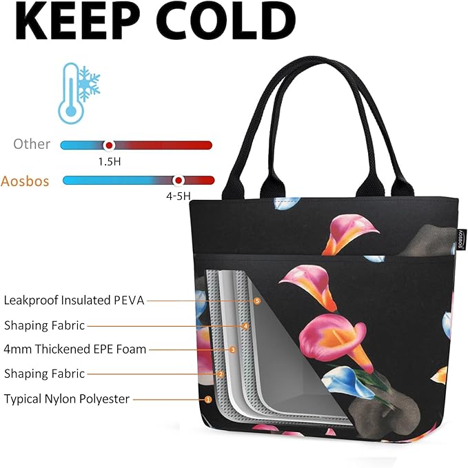 Aosbos Lunch Tote Bag, Insulated Lunch Box for Women, Leakproof Lunch Cooler Purse for Work, Calla Lily