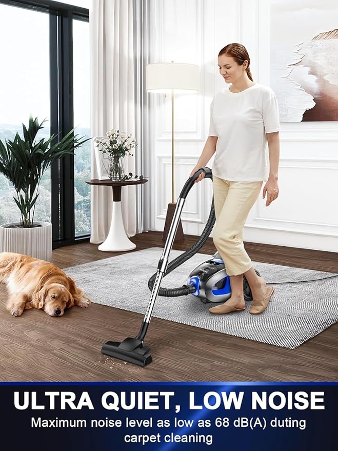 Canister Vacuum Cleaner, 32Kpa 1600W Bagless Vacuum Cleaner, Dust Full Indicator, H13 HEPA Filter, 3.7Qt Large Capacity, Lightweight Vac for Hard Floors, Carpet, Pet, Upholstery, Blue