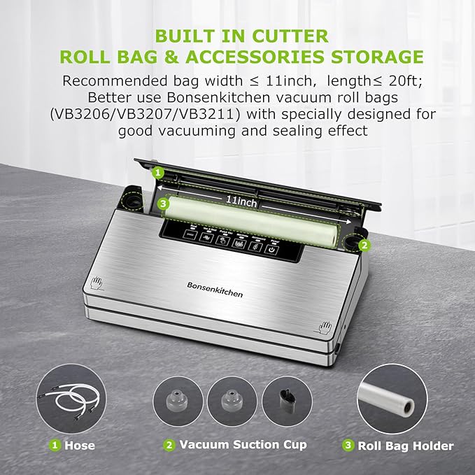 Bonsenkitchen Vacuum Sealer Machine, Stainless Steel Food Sealer Vacuum Sealers with 100 Bags & 1 Roll Bag, 5 Food Vacuum Modes, Built-in Cutter & Bag Storage, Silver-Black