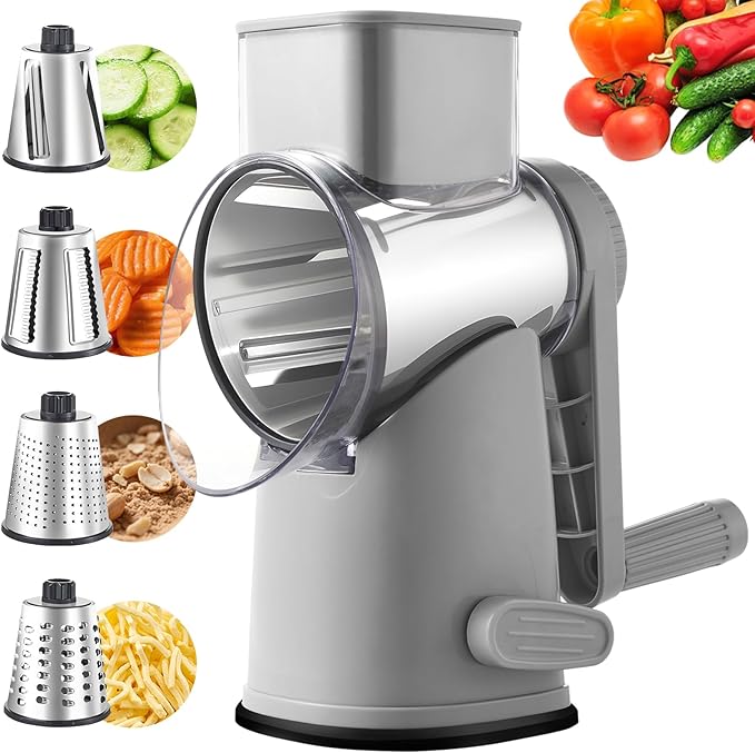 Rotary Cheese Graters with 4 Blades, Hand Crank Cheese Grater with Waffle Slicer, Red, Black and White Cheese Shredder with Suction Base, Easier for Shredding & Grating (Grey, 4 Graters)