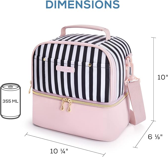 TOURIT Lunch Bag Women Double Deck Lunch Box Insulated Lunch Cooler for Women Men Work, Pink Stripes