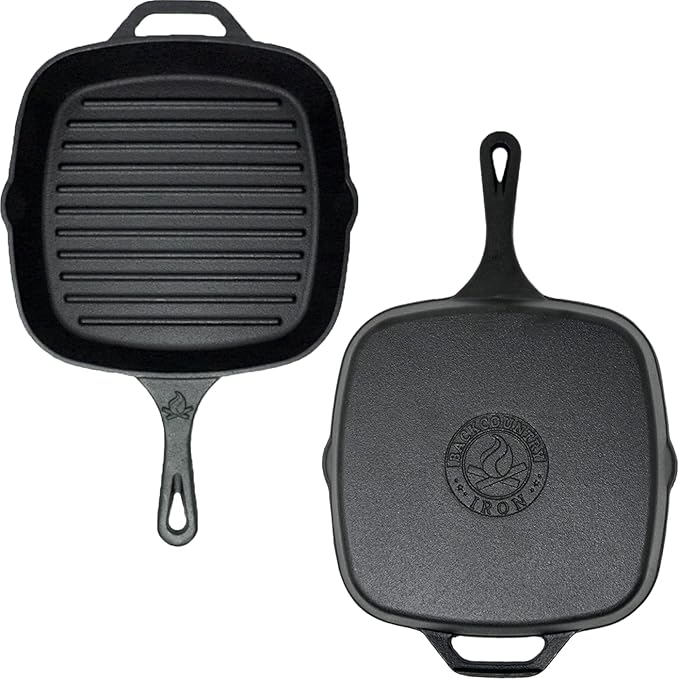 Backcountry Iron 10.5 Inch Square Grill Pan Medium Pre-Seasoned Cast Iron