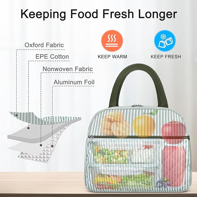 Lunch Bag Lunch Box for Women Adult Men Insulated Quilted Reusable Large Lunch Tote Bag Leakproof Simple Cooler Bag for Work Office Picnic Beach or Travel