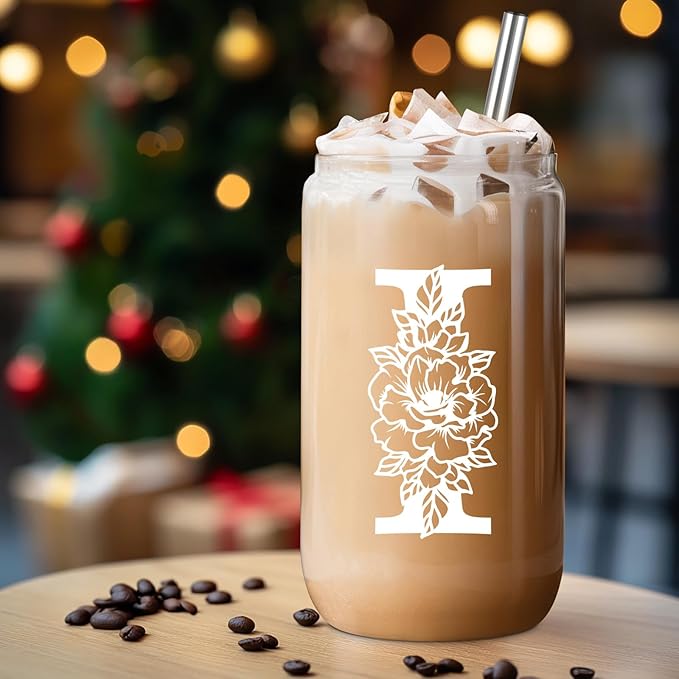 Coolife Initial Glass Cup, Monogrammed Gifts for Women, 16 oz Glass Cups w/Lids Straws, Iced Coffee Smoothie Beer Tumbler w/Straw Lid - Personalized Christmas, Birthday Gifts for Her Mom Friend Woman